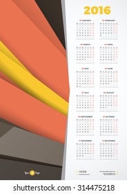 Calendar 2016 Vector Design Template. Week Starts Monday