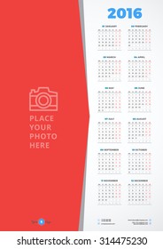 Calendar 2016 Vector Design Template. Week Starts Monday