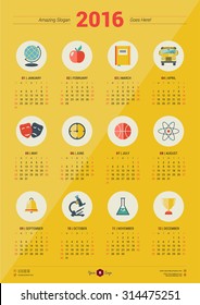Calendar 2016 Vector Design Template. Week Starts Sunday