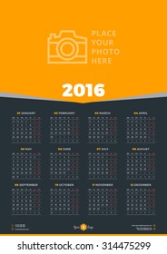 Calendar 2016 Vector Design Template. Week Starts Monday