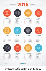 Calendar 2016 Vector Design Template. Week Starts Sunday