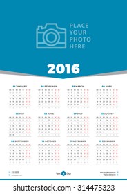 Calendar 2016 Vector Design Template. Week Starts Monday