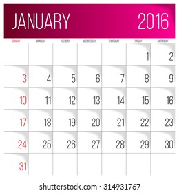 Calendar 2016 vector design template. January. Week Starts on Sunday.