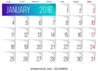 Calendar 2016 vector design template. January. Week Starts on Monday.