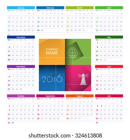 Calendar 2016 vector design template. Week starts Sunday.
