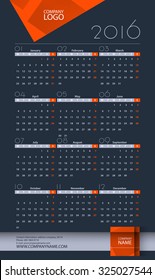 Calendar 2016 Vector Design Template. Week Starts Monday