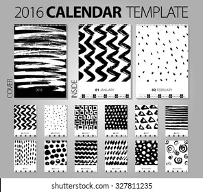 Calendar 2016. Vector Design Template with abstract background. Set of 12 Months. Hand drawn creative illustration. Brash and chalk grunge texture. black and white color