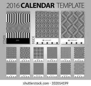 Calendar 2016. Vector Design Template with abstract background. Set of 12 Months. Op art concept creative illustration. Optical Illusions. Geometric shapes, strips. Black and white color