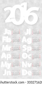 Calendar 2016 vector design template, Gray and White. Vector Illustration.