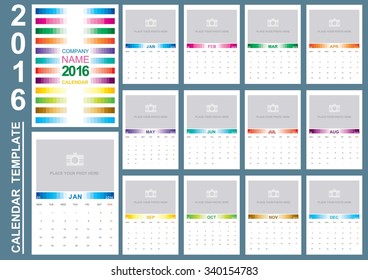 Calendar 2016 Vector Design Template with color tone. Set of 12 Months.