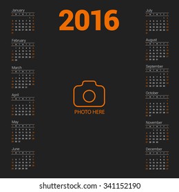 Calendar 2016 vector design template with place for photo