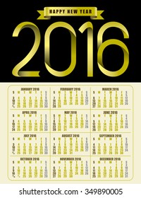 Calendar 2016 Vector Design Template. Week Starts Sunday