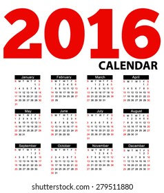 calendar 2016 Vector EPS 10 illustration.