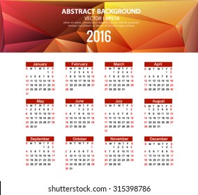calendar 2016 Vector EPS 10 illustration.