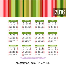 calendar 2016 Vector EPS 10 illustration.