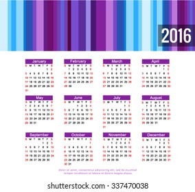 calendar 2016 Vector EPS 10 illustration.