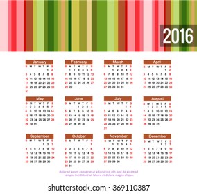 calendar 2016 Vector EPS 10 illustration.