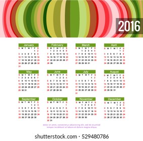 calendar 2016 Vector EPS 10 illustration.