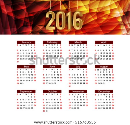 calendar 2016 Vector EPS 10 illustration.