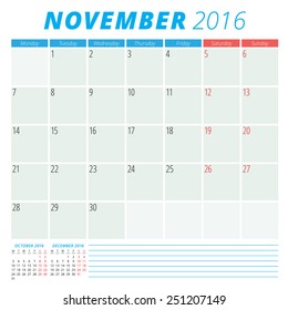 Calendar 2016 vector flat design template. November. Week starts Monday