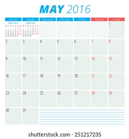 Calendar 2016 vector flat design template. May. Week starts Monday