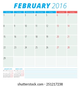 Calendar 2016 vector flat design template. February. Week starts Monday