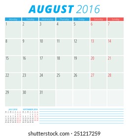 Calendar 2016 vector flat design template. August. Week starts Monday