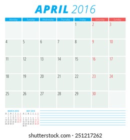 Calendar 2016 vector flat design template. April. Week starts Monday