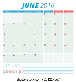 Calendar 2016 vector flat design template. June. Week starts Monday