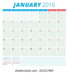 Calendar 2016 vector flat design template. January. Week starts Monday