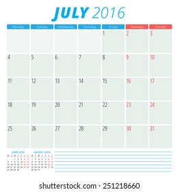 Calendar 2016 vector flat design template. July. Week starts Monday