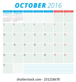 Calendar 2016 vector flat design template. October. Week starts Monday