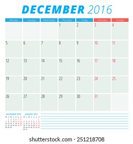 Calendar 2016 vector flat design template. December. Week starts Monday