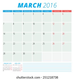 Calendar 2016 vector flat design template. March. Week starts Monday