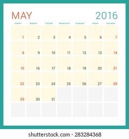 Calendar 2016. Vector Flat Design Template. May. Week Starts Sunday