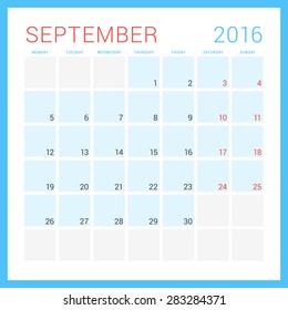 Calendar 2016. Vector Flat Design Template. September. Week Starts Monday