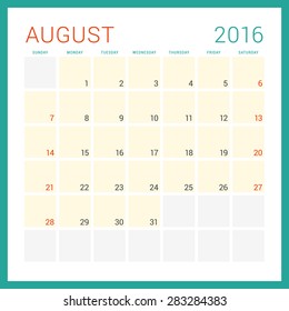 Calendar 2016. Vector Flat Design Template. August. Week Starts Sunday