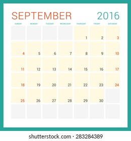 Calendar 2016. Vector Flat Design Template. September. Week Starts Sunday