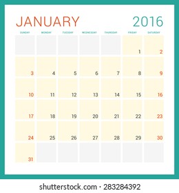 Calendar 2016. Vector Flat Design Template. January. Week Starts Sunday