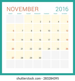 Calendar 2016. Vector Flat Design Template. November. Week Starts Sunday