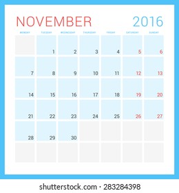 Calendar 2016. Vector Flat Design Template. November. Week Starts Monday