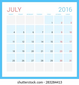 Calendar 2016. Vector Flat Design Template. July. Week Starts Monday