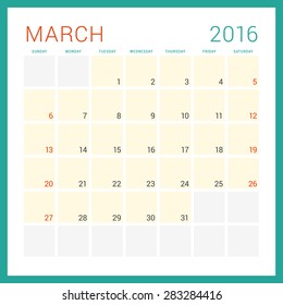 Calendar 2016. Vector Flat Design Template. March. Week Starts Sunday