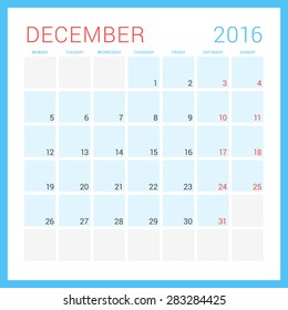 Calendar 2016. Vector Flat Design Template. December. Week Starts Monday