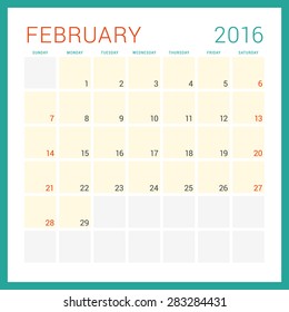 Calendar 2016. Vector Flat Design Template. February. Week Starts Sunday