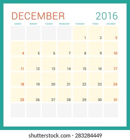 Calendar 2016. Vector Flat Design Template. December. Week Starts Sunday