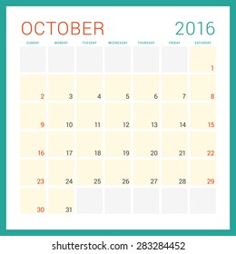 Calendar 2016. Vector Flat Design Template. October. Week Starts Sunday