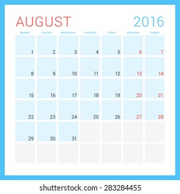 Calendar 2016. Vector Flat Design Template. August. Week Starts Monday