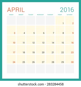 Calendar 2016. Vector Flat Design Template. April. Week Starts Sunday