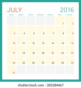 Calendar 2016. Vector Flat Design Template. July. Week Starts Sunday